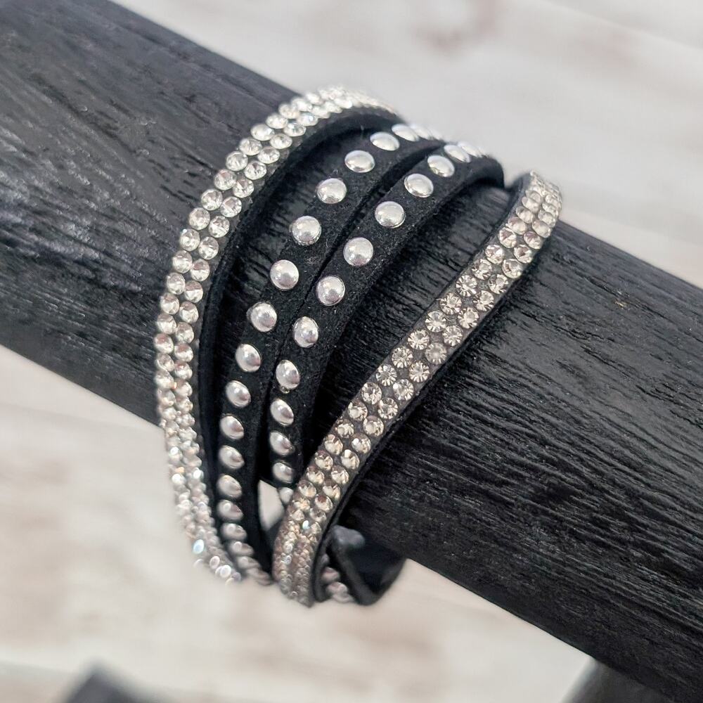 Black & Clear Gem Bracelet - Multi Row Studded Fashion Cuff Bracelet